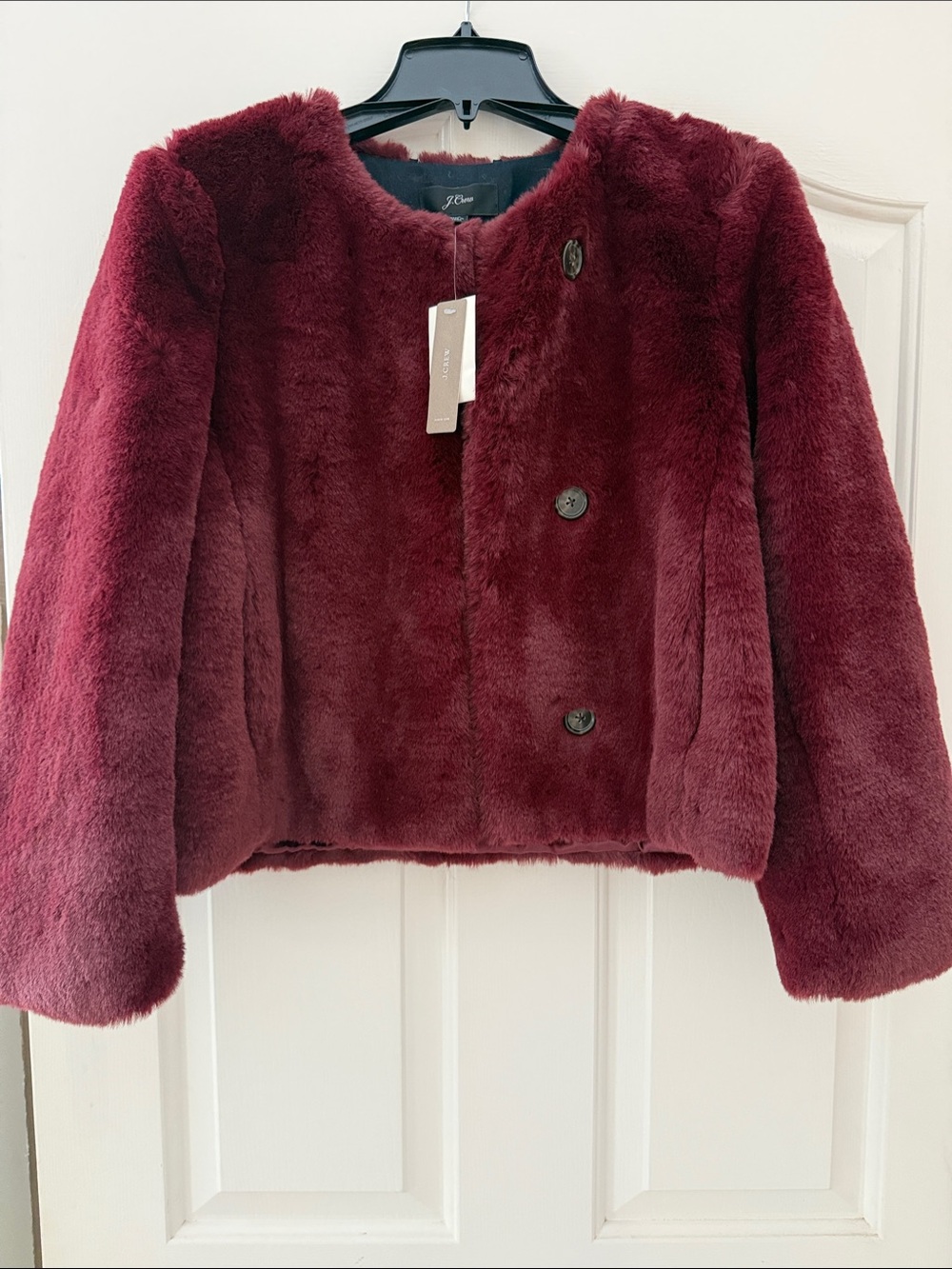 NWT J. Crew XS Faux Fur Pea Coat in Burgundy